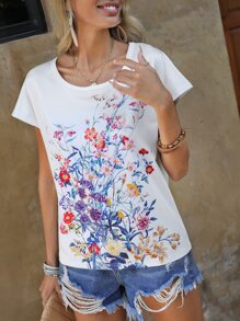 SHEIN LUNE Floral Print Round Neck Tee - White - View 4