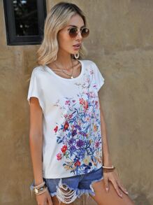 SHEIN LUNE Floral Print Round Neck Tee - White - View 5