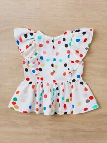 SHEIN Girls Polka Dot Print Ruffle Trim Peplum Blouse - White - View 2