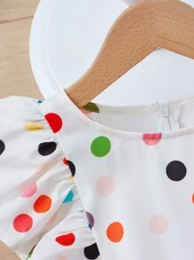 SHEIN Girls Polka Dot Print Ruffle Trim Peplum Blouse - White - View 3