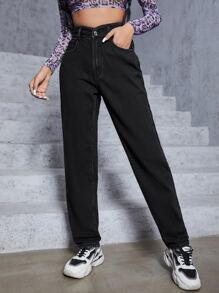 Zipper Fly Mom Fit Jeans - Black - View 4