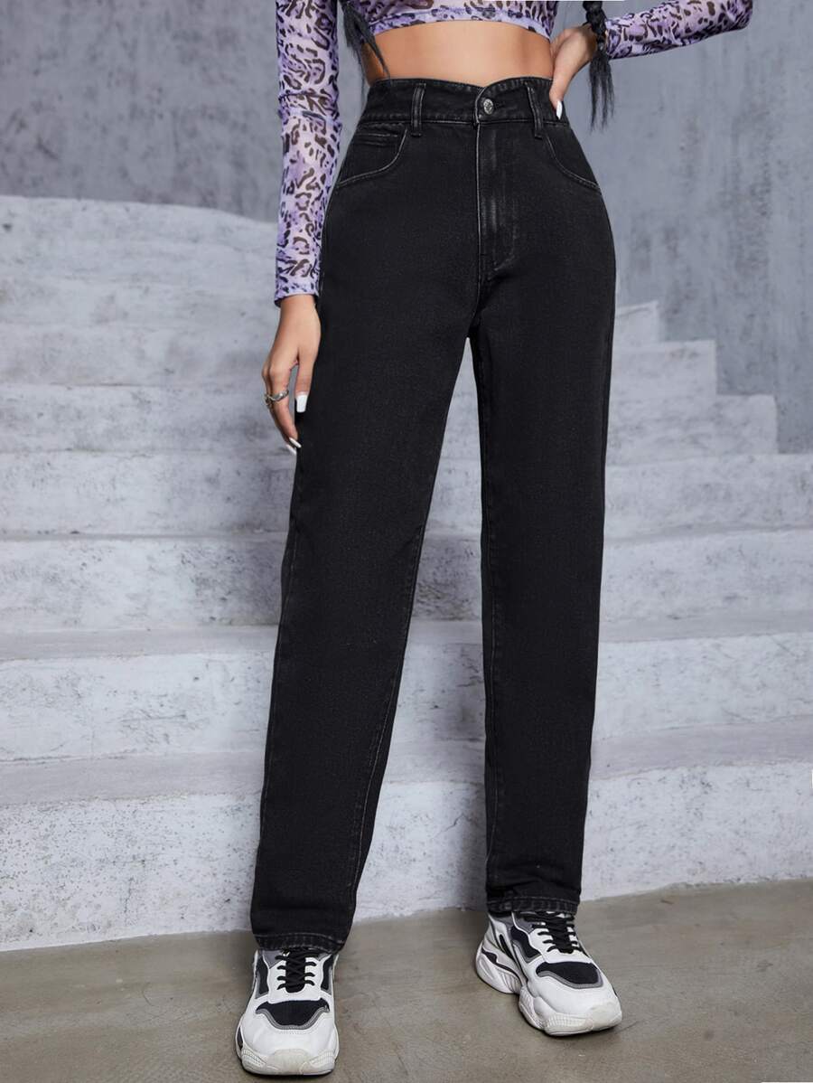 Zipper Fly Mom Fit Jeans - Black - View 1