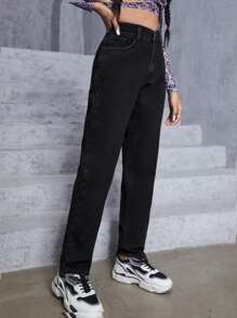 Zipper Fly Mom Fit Jeans - Black - View 6