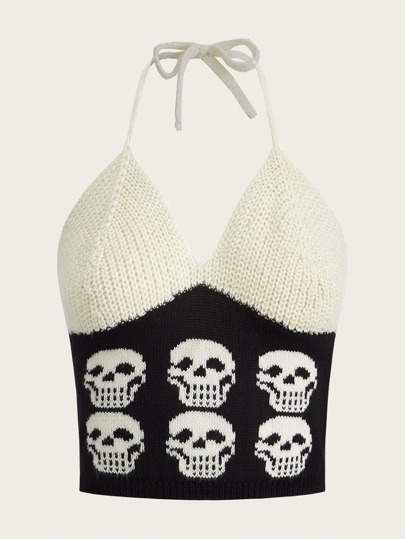 Skull Pattern Tie Backless Halter Knit Top