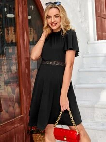 SHEIN Maternity Mock Neck Lace Insert Butterfly Sleeve Dress - Black - View 2