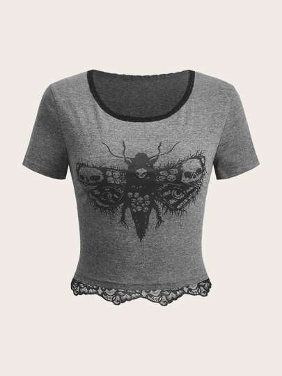 Skull Graphic Contrast Lace Tee