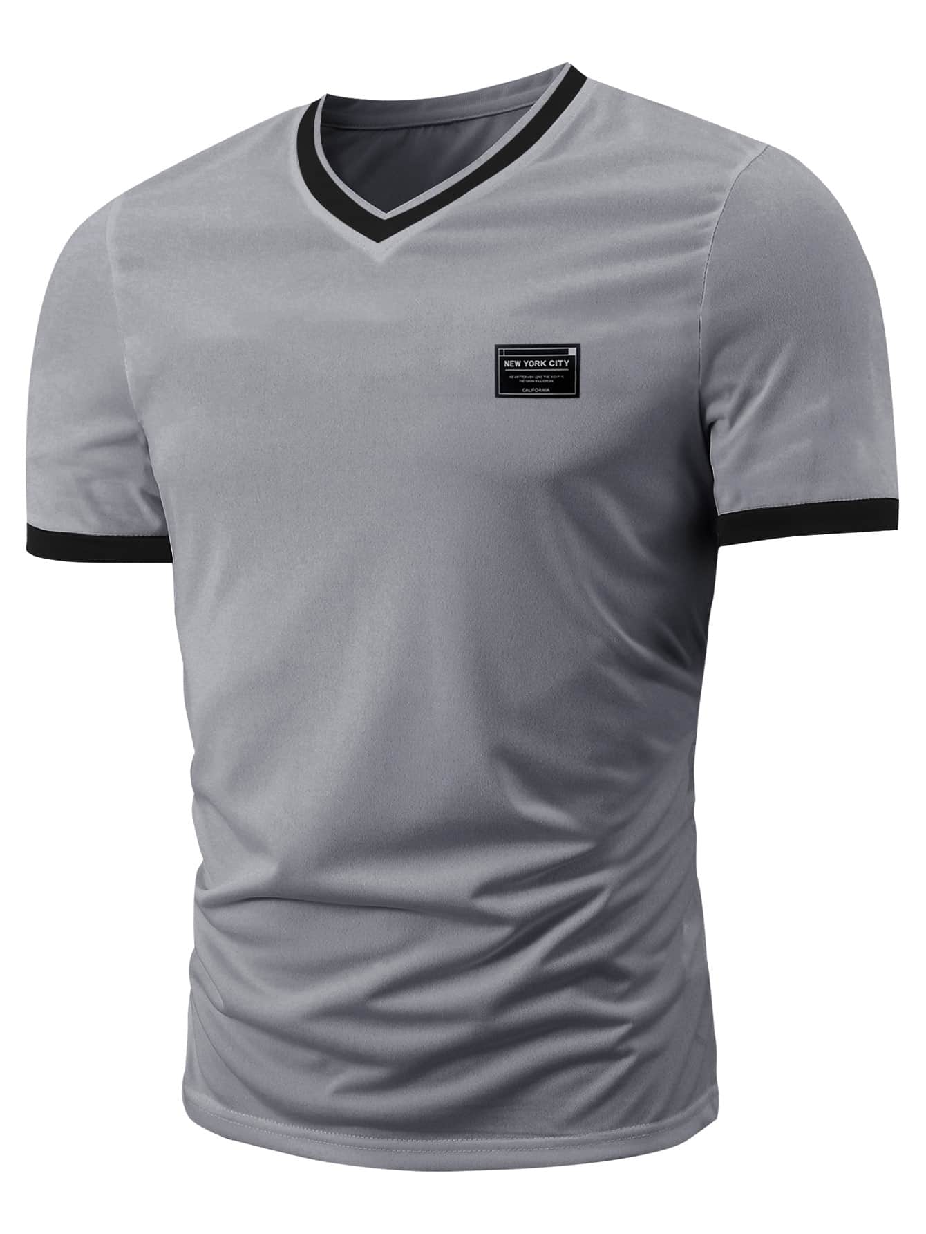 Manfinity Homme Men Letter Patched Detail Striped Trim Tee - Grey - View 1