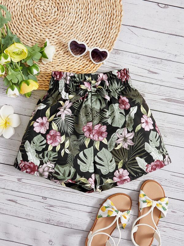 SHEIN Pantaloni scurți pentru fete cu imprimeu tropical Paperbag cu fundă în talie