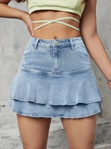 SHEIN EZwear Layered Hem Denim Skirt - Light Wash - View 5