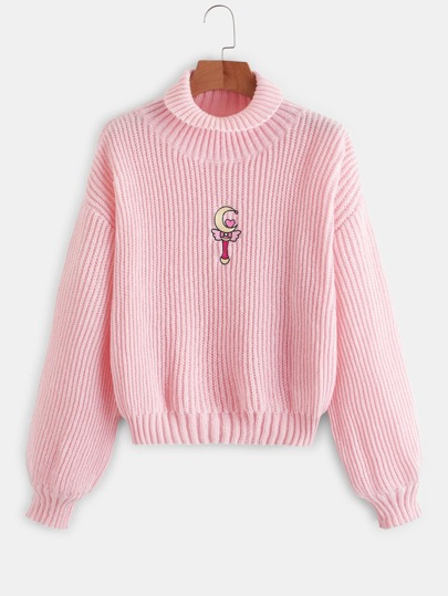 Cute Moon Embroidery Pattern Turtleneck Lantern Sleeve Sweater