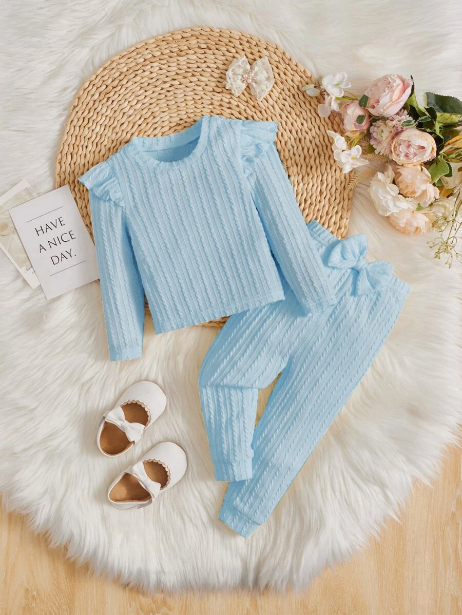 SHEIN Baby Ruffle Trim Tee & Bow Front Trousers - Baby Blue - View 1