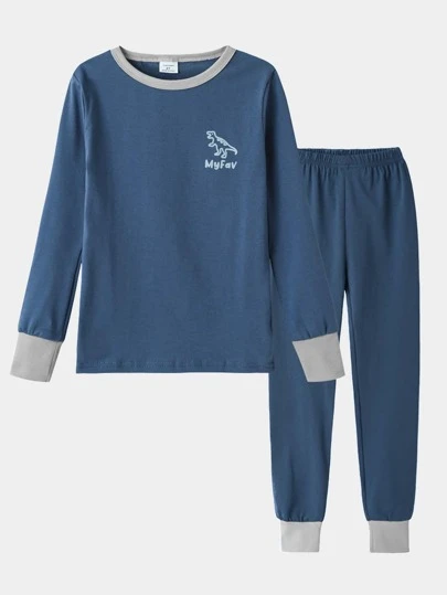 2入組男孩恐龍圖案實色緊身長袖上衣和褲子，舒適休閒睡衣套裝