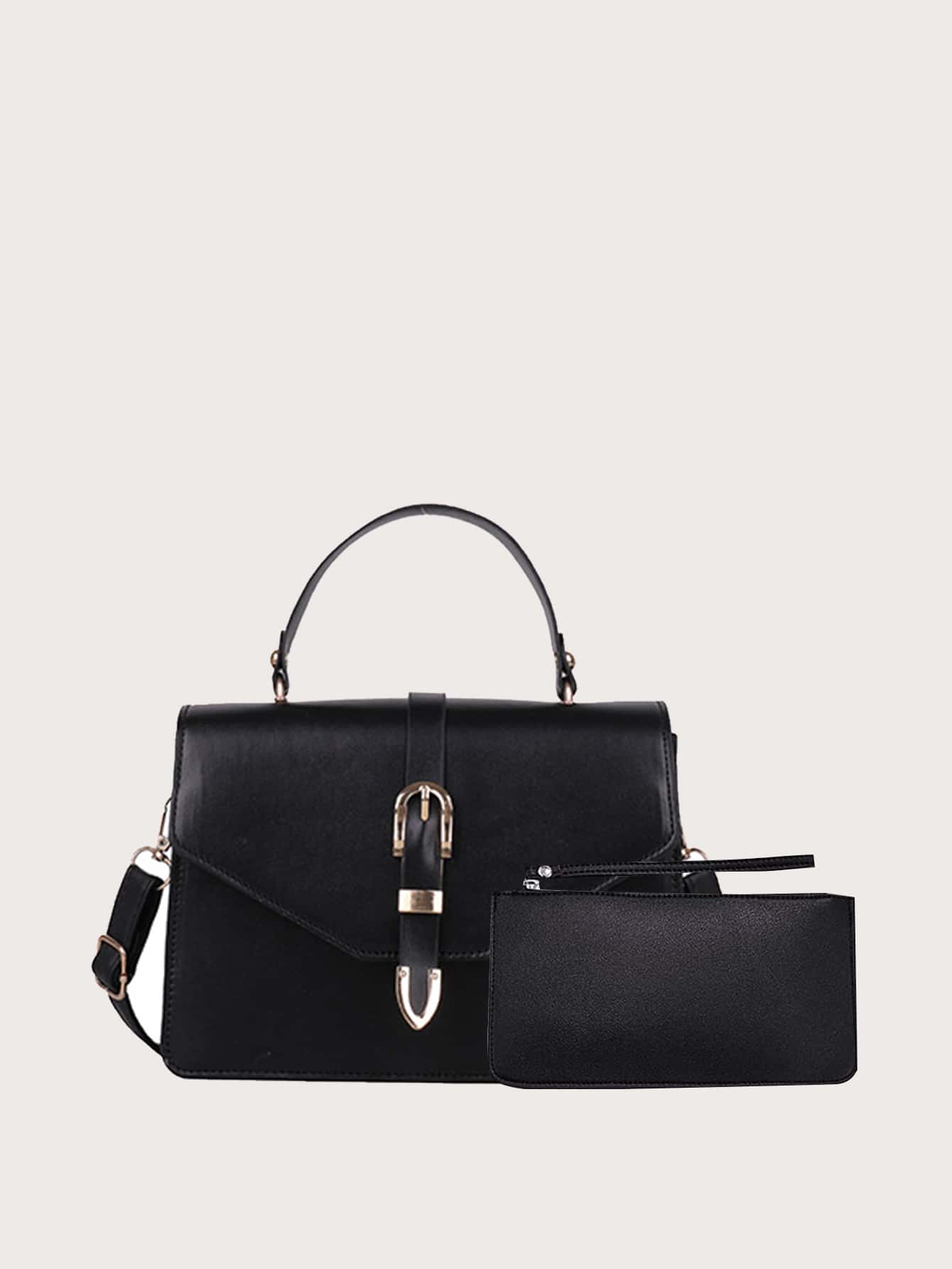 Minimalist Buckle Decor Square Bag With Clutch Bag - Black - View 1