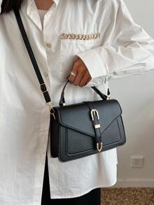 Minimalist Buckle Decor Square Bag With Clutch Bag - Black - View 2