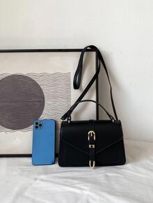 Minimalist Buckle Decor Square Bag With Clutch Bag - Black - View 3
