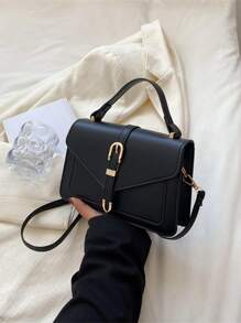 Minimalist Buckle Decor Square Bag With Clutch Bag - Black - View 6