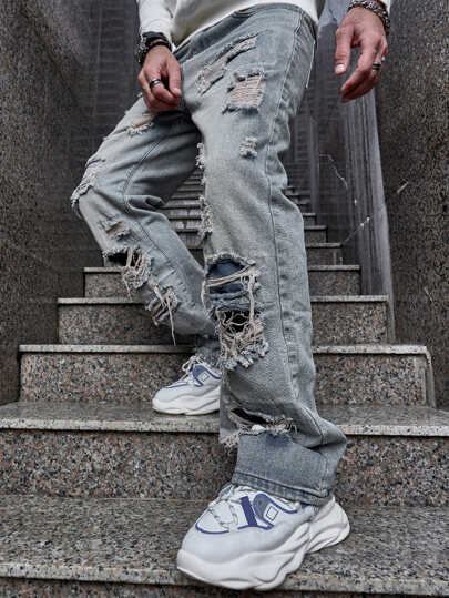 Jeans droits déchirés en coton ample pour hommes