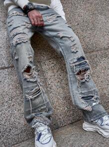 Manfinity Roghcode 宽松男式棉质破洞直筒牛仔裤 - 淺色水洗藍 - 查看 5