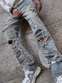 Manfinity Roghcode 宽松男式棉质破洞直筒牛仔裤 - 淺色水洗藍 - 查看 7