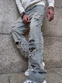 Manfinity Roghcode 宽松男式棉质破洞直筒牛仔裤 - 淺色水洗藍 - 查看 8