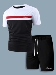 Manfinity Homme Men Letter Graphic Colourblock Tee & Shorts - Black and White - View 1