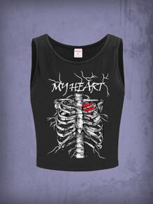 ROMWE Goth Áo hai dây Lễ Các Thánh Lá thư Giải trí - màu đen - Xem 1
