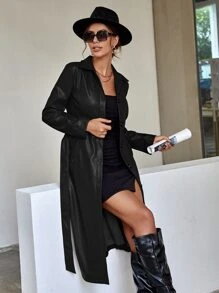 SHEIN Essnce Button Front Belted PU Trench Coat - Black - View 1