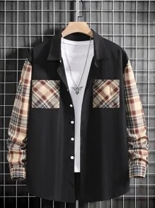 Manfinity Men Plus Plaid Print Pocket Patched Shirt - Black - View 1