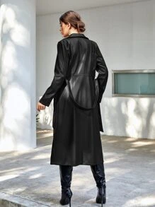 SHEIN Essnce Button Front Belted PU Trench Coat - Black - View 2