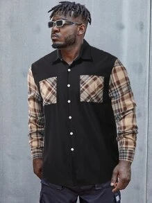 Manfinity Men Plus Plaid Print Pocket Patched Shirt - Black - View 3