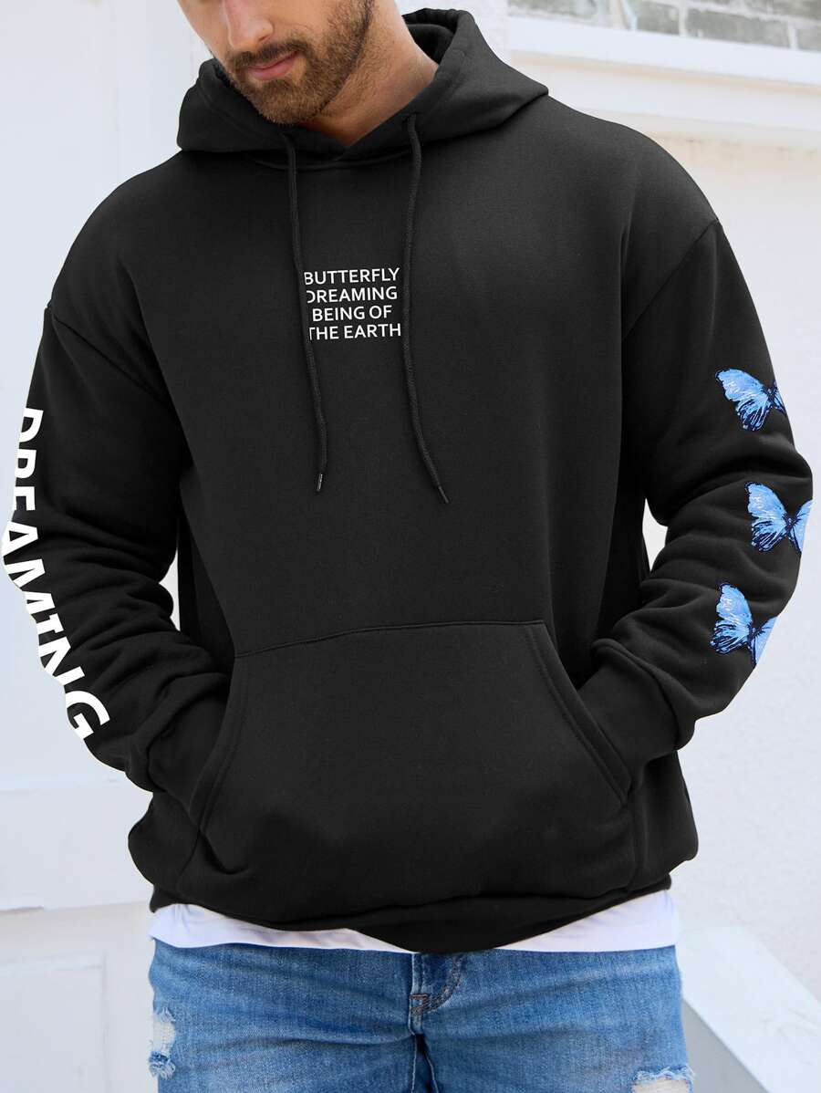 Manfinity Hombres Capucha con estampado de slogan y mariposa con bolsillo de canguro con cordón - Negro - Ver 1