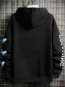 Manfinity Hombres Capucha con estampado de slogan y mariposa con bolsillo de canguro con cordón - Negro - Ver 2