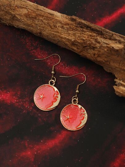 Star & Moon Detail Round Drop Earrings