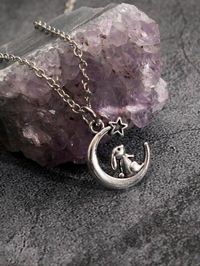 قلادة متدلية قمر و تصميم رسوم كارتون أرنب