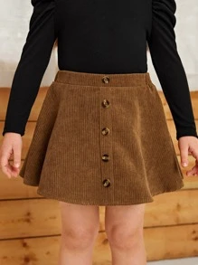 SHEIN 年輕女孩鈕扣前設計的灰色燈芯絨裙子 - 棕色 - 查看 5