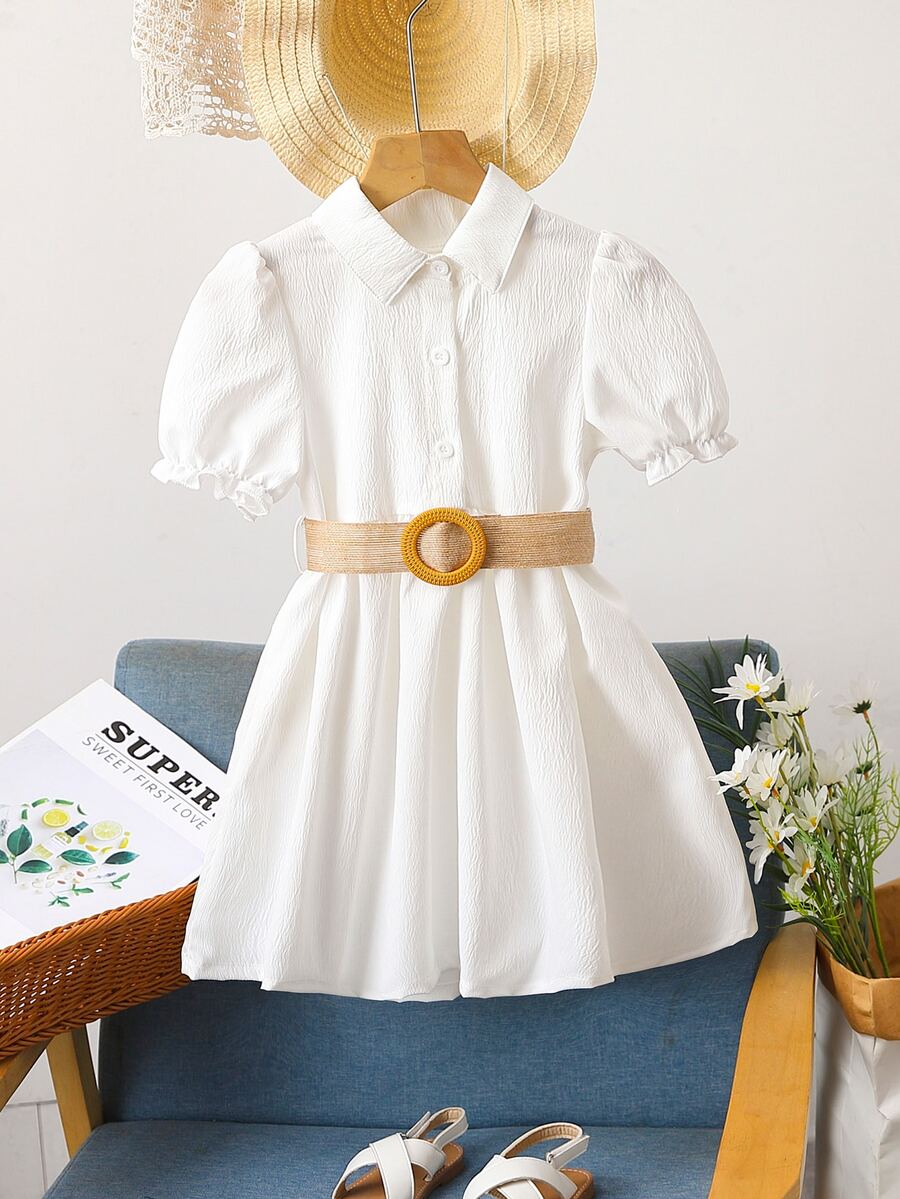 小女童泡泡袖腰帶襯衫洋裝