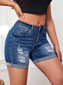 SHEIN Tall Quần short denim nữ Túi Bị tách Dây kéo màu trơn - Rửa trung bình - Xem 1