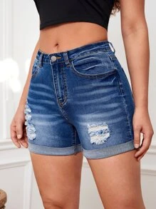 SHEIN Tall Quần short denim nữ Túi Bị tách Dây kéo màu trơn - Rửa trung bình - Xem 3