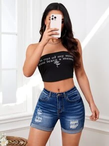 SHEIN Tall Quần short denim nữ Túi Bị tách Dây kéo màu trơn - Rửa trung bình - Xem 4