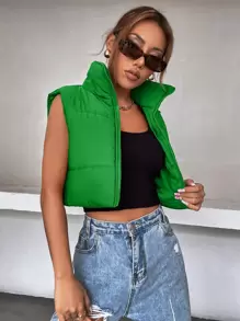 SHEIN MOOSTA Sleeveless Zip Up Crop Puffer Vest Coat - Green - View 1