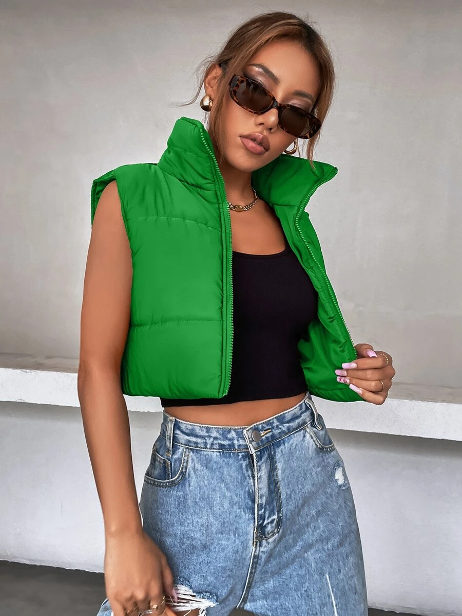 SHEIN MOOSTA Sleeveless Zip Up Crop Puffer Vest Coat - Green - View 1