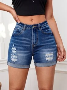 SHEIN Tall Quần short denim nữ Túi Bị tách Dây kéo màu trơn - Rửa trung bình - Xem 5
