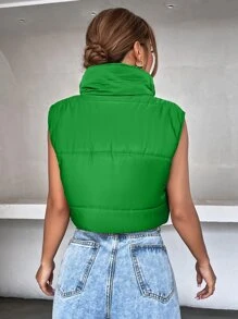 SHEIN MOOSTA Sleeveless Zip Up Crop Puffer Vest Coat - Green - View 2