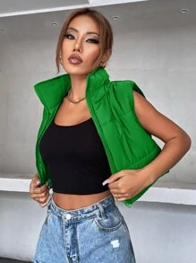 SHEIN MOOSTA Sleeveless Zip Up Crop Puffer Vest Coat - Green - View 3