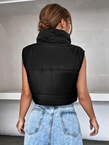 SHEIN MOOSTA 无袖拉链短款背心加厚棉服外套冬季服装 - 黑色 - 查看 2