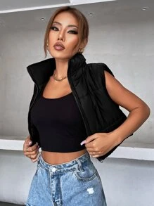 SHEIN MOOSTA 无袖拉链短款背心加厚棉服外套冬季服装 - 黑色 - 查看 4