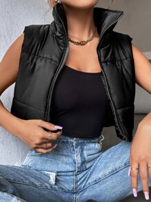 SHEIN MOOSTA 无袖拉链短款背心加厚棉服外套冬季服装 - 黑色 - 查看 5