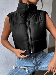 SHEIN MOOSTA 无袖拉链短款背心加厚棉服外套冬季服装 - 黑色 - 查看 7