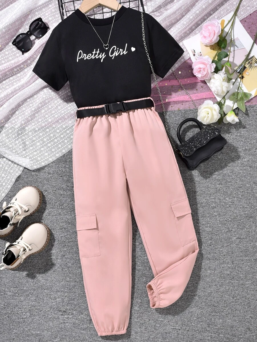 Girls Letter Graphic Tee & Flap Pocket Cargo Trousers - Multicolor - View 1
