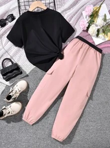 Girls Letter Graphic Tee & Flap Pocket Cargo Trousers - Multicolor - View 2